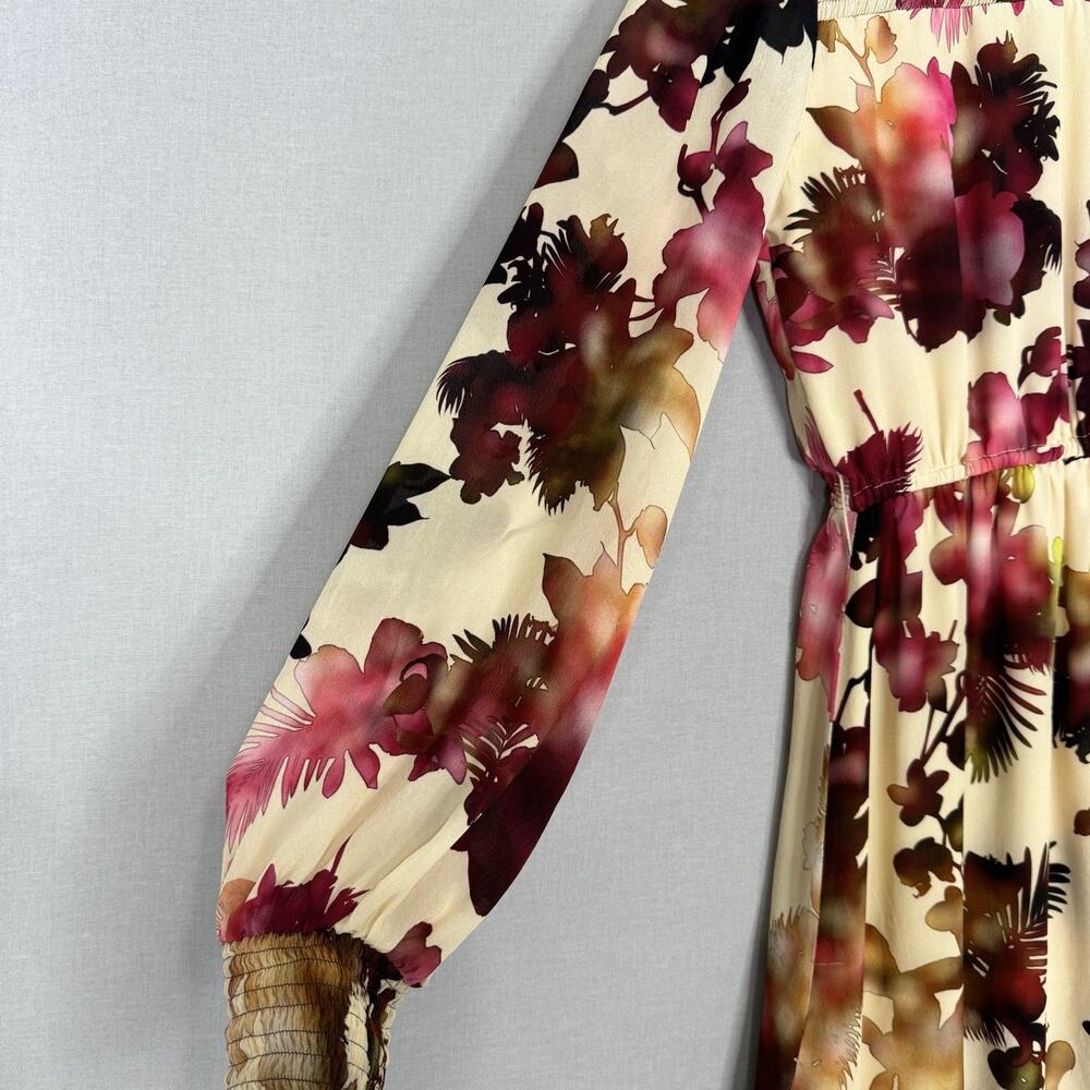 Vineet Bahl Watercolor Hibiscus Mini Dress Womens Small Cream Pink‎ Smocked Boho - Picture 5 of 16